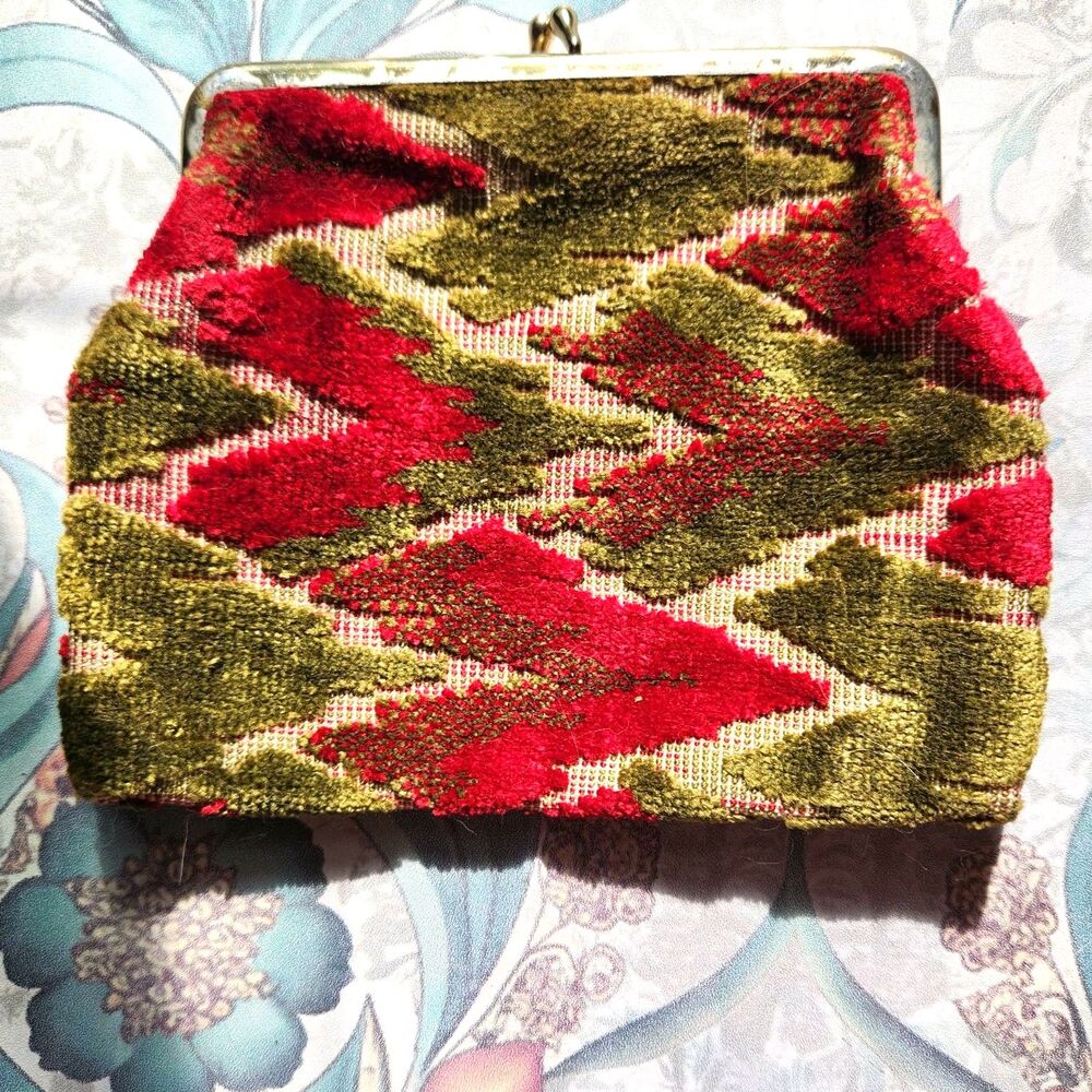 VTG Carpet Bag Pouch, Moss & Red Tapestry Bag, Gold Tone Clasp Clean! 1920-60s